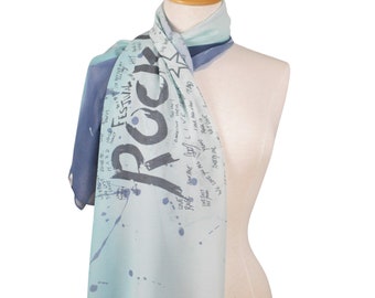 Ombre Blue Festival Scarf, Lightweight Shawl for Rock Fan, Rectangular Scarf With Words Print