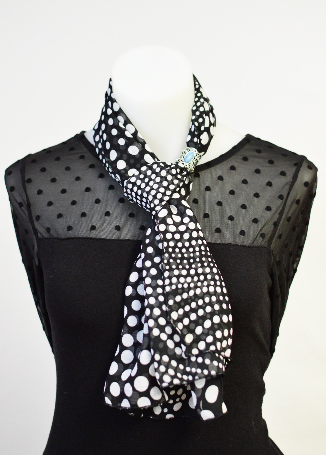 Black and White Polka Dot Scarf, Lightweight Drapey Scarf for Women