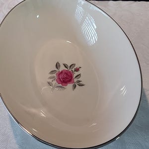 Lenox Fine China Medium Serving Dish  “BALLAD” Pattern, pink rose, silver trim, 8 inches