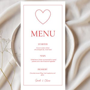 Modèle de carte de menu de mariage coeur rouge, modèle de menu minimaliste pour les fiançailles de mariage, menu de mariage modifiable beige 4 x 8