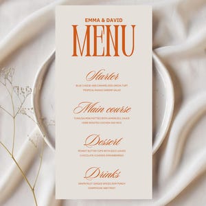 Modèle de carte de menu de mariage thème orange, modèle de menu minimaliste pour les fiançailles de mariage, menu de mariage modifiable beige 4 x 8