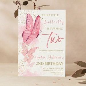 Butterfly Birthday Invitation, Kids Downloadable Card, First Birthday Invitation, Second Party Decoration, Birthday Invitation For Girl Edit