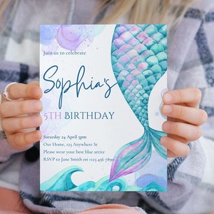 Mermaid Birthday Invitation, Editable Party Supply, Kids Invitation Template, Girl Birthday Invite, Under the Sea Invitation, Gift for Girl