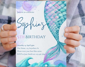 Mermaid Birthday Invitation, Editable Party Supply, Kids Invitation Template, Girl Birthday Invite, Under the Sea Invitation, Gift for Girl