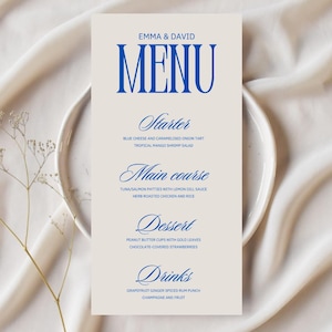 Modèle de carte de menu de mariage thème bleu, modèle de menu minimaliste pour les fiançailles de mariage, menu de mariage modifiable beige 4 x 8