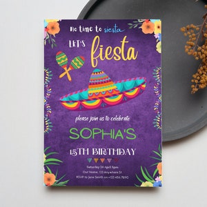 Fiesta Birthday Invitation, Colorful Digital Template, Mexican Themed Invitation, Floral Printable Download, No Time To Siesta Invitation