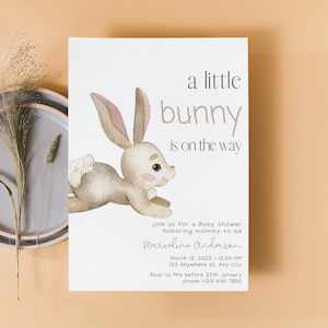 Szablon zaproszenia na królika, słodkie wydarzenie do pobrania, zaproszenie na baby shower, prezent dla kobiet w ciąży, edytowalne zaproszenie na królika, prezent dla dziecka