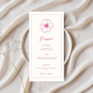 Modèle de carte de menu de mariage floral rose, modèle de menu minimaliste pour les fiançailles de mariage, menu de mariage modifiable beige 4 x 8