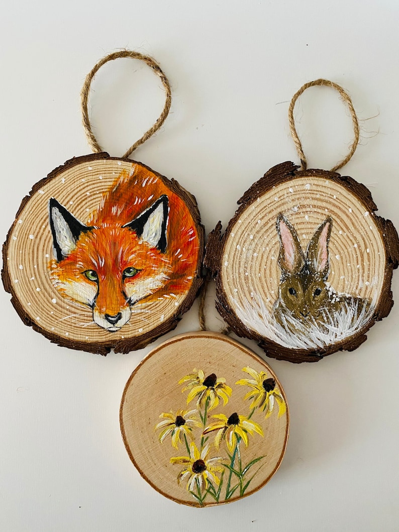 Holiday Ornaments Hand-Painted Wildlife Ornaments Fox Rabbit Flower decor