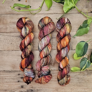May include: Three skeins of hand-dyed yarn in a rich color palette of burgundy, orange, and gold. The yarn is arranged on a wooden surface with green foliage in the background. The yarn is twisted and ready for knitting or crocheting.
