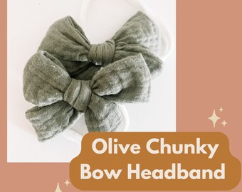 Olive Green Chunky Bow Headband for Babies and Toddlers, Accessories for Girls, StitchesByPaige, Baby Accessories for Girls, Bows, Clips