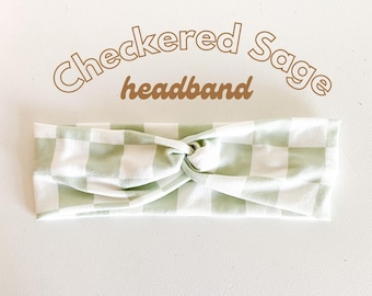Checkered Sage Soft and Stretchy Adult Turban Headband, Headbands for Women, Boho Accessories. StitchesByPaige Headbands, Nonslip Headbands