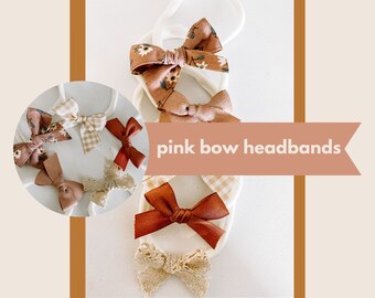 Pink and Neutral Bow Headbands for Girls, Newborn Baby Bow Nylon Headbands, Ribbon Bows made by StitchesByPaige, Boho Hair Accessories Baby