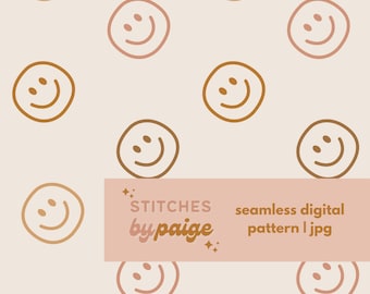 Può includere: Motivo digitale senza cuciture con faccine sorridenti ripetute in tonalità marroni e rosa su sfondo crema. Il testo "Stitches by paige" è visualizzato su uno striscione rettangolare rosa, insieme a "seamless digital pattern | jpg".