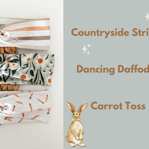 Pu&ograve; includere: Tre fasce per capelli con diversi motivi e un design annodato. Le fasce sono su una superficie di paglia intrecciata. Le fasce sono etichettate "Countryside Stripes", "Dancing Daffodils" e "Carrot Toss".