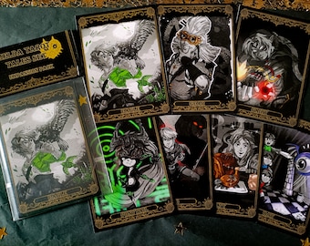 May include: A Zelda Tarot Tales Set expansion pack with several illustrated cards. The cards feature black and white artwork with gold accents, depicting characters and symbols from the Zelda video game series. The set includes cards labeled "Eagle," "Gear," and "Fairy."