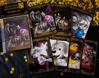 May include: A set of black and gold tarot cards with illustrations of characters from the Legend of Zelda video game series. The cards feature characters like Ganondorf, Midna, and Link. The cards are part of an expansion pack for a Zelda Tarot set.
