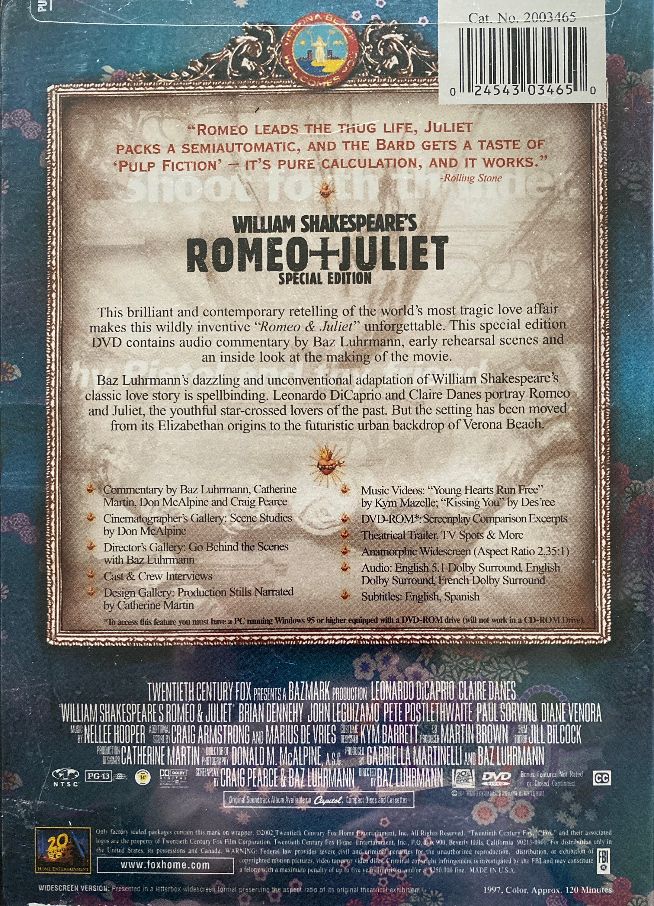 William Shakespeare's Romeo & Juliet DVD Special Edition - Etsy