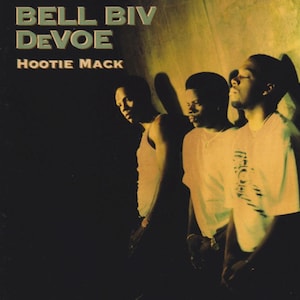 May include: Album cover for Bell Biv DeVoe's "Hootie Mack." The album art features three men in a dimly lit setting. The band's name is in large, bold, green and blue letters at the top, with the album title below in smaller text.
