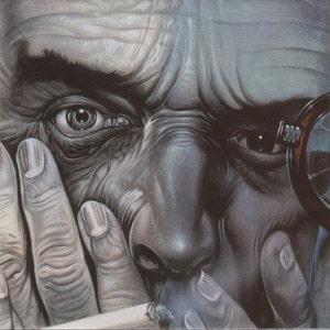 May include: A detailed, grayscale illustration of an elderly person's face, with a focus on the eyes and hands. The person is holding a cigarette and a magnifying glass. The image has a vintage, artistic style.