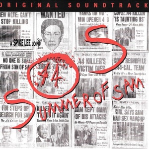 May include: A red circle with the number "4" inside, surrounded by newspaper clippings with headlines about the "Son of Sam" murders. The text "Summer of Sam" is written in a red, handwritten font.