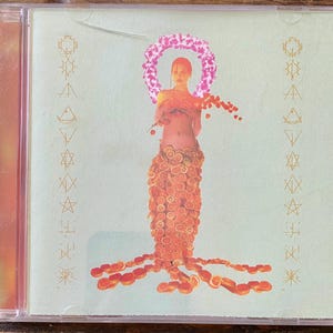 May include: A CD case featuring a surreal image of a person adorned with orange slices and a floral halo. The figure is set against a pale green background with gold geometric symbols. The case has a gradient orange and pink hue.