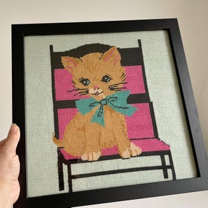 Vintage Cat Needlepoint Art: Framed Ginger Kitten with Bow