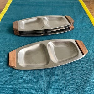 Vintage MCM Stainless Steel Relish Trays - Set of 4 with Wooden Handles