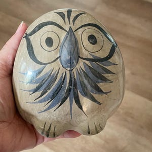 vintage owl with plaid design, tonala pottery handmade in Mexico