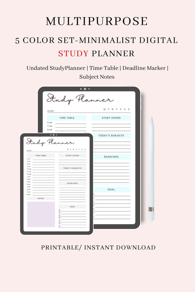 5 Color Printable Goodnotes Digital Study Planner, Pastel Digital