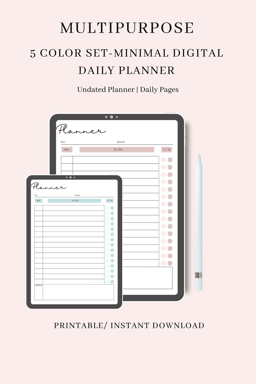 5 Color Printable Daily Planner Goodnotes, Daily Task List Template