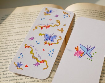 Slow Down and Read bookmark | Floral double-sided bookmark | Cute butterfly bookmark | Colorful summer/spring bookmark