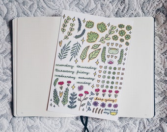 Cute bullet journal stickers | Planner sticker sheet | Floral bujo stickers | Kawaii nature stickers