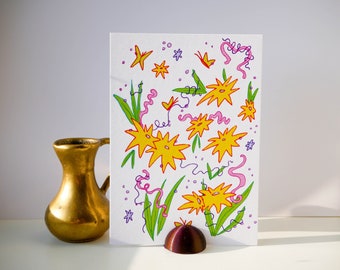 Cute floral postcard | Colorful greeting card | Postcrossing card | Summer art print | Whimsical wall decor
