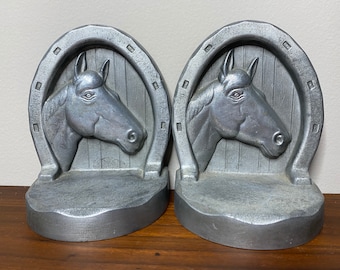 Vintage Pewter Horse Horseshoe Metal Art Bookends