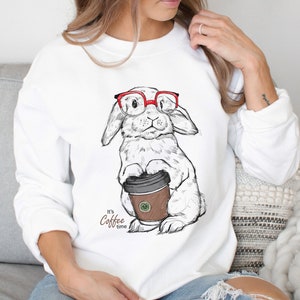 Rabbit Coffee Sweatshirt, Cute Bunny Jumper, Funny Animal Coffee Top, Adorable Easter Pet Lover Gift