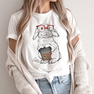 Rabbit Wearing Glasses Coffee White T-Shirt, Cute Bunny Shirt, Funny Animal Tee, Animal Lover Gift, Wildlife Pet Lover Gift