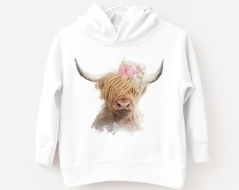 Kids Highland Cow Flower Crown Hoodie, Cute Wildlife Jumper, Beautiful Warm Animal Top, Comfortable Adorable Toddler Farm Lover Gift