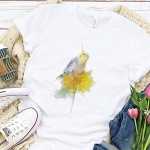 Cute Cockatiel Tee, Adorable Bird Lover Shirt, Animal Watercolor Art T-shirt Sunflower Gift
