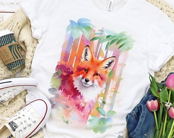 Fox Tee, Adorable Farm Lover 5 Shirt , Animal Countryside Wildlife Watercolor Art Unisex T-shirt Colorful Summer Gift