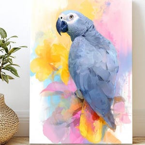 Gray Parrot Canvas Art, Colorful Tropical Wall Decor, Nature Lover&#39;s Gift, Living Room Art, Bird Enthusiast Decor, Tropical Bird Artwork
