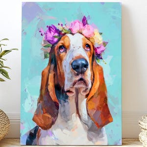 Basset Hound Flower Crown Canvas Art: Whimsical Dog Wall Decor