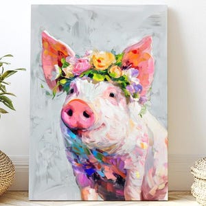 Pig Canvas Art, Colorful Wall Decor, Farmhouse Style, Farm Gift for Animal Lovers, Flower Home or Office Decoration, Perfect for Birthdays