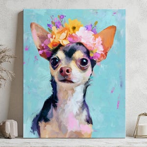 Chihuahua Flower Crown Wall Art, Cute Canvas Print for Dog Lovers, Pet Home Decor, Dog Mom Gift, Animal Portrait