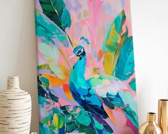 Peacock Art Canvas Print: Colorful Boho Home Decor