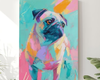 Colorful Pug Portrait Canvas Art: Modern Dog Lover Wall Decor