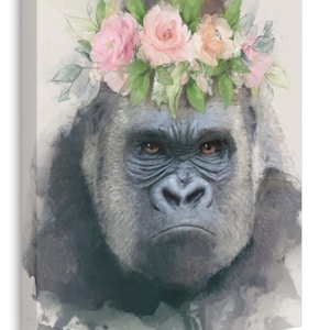 Gorilla Flower Crown Canvas Artwork, Beautiful Ape Art, Animal Nature Gift, Wild Home Decor, Lovely Jungle Wildlife Wall Art