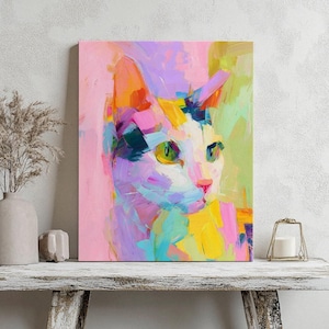 Colorful Cat Portrait Canvas Art Print, Cat Lover&#39;s Gift, Vibrant Wall Decor, Modern Home Art, Pet Portrait for Cheerful Spaces