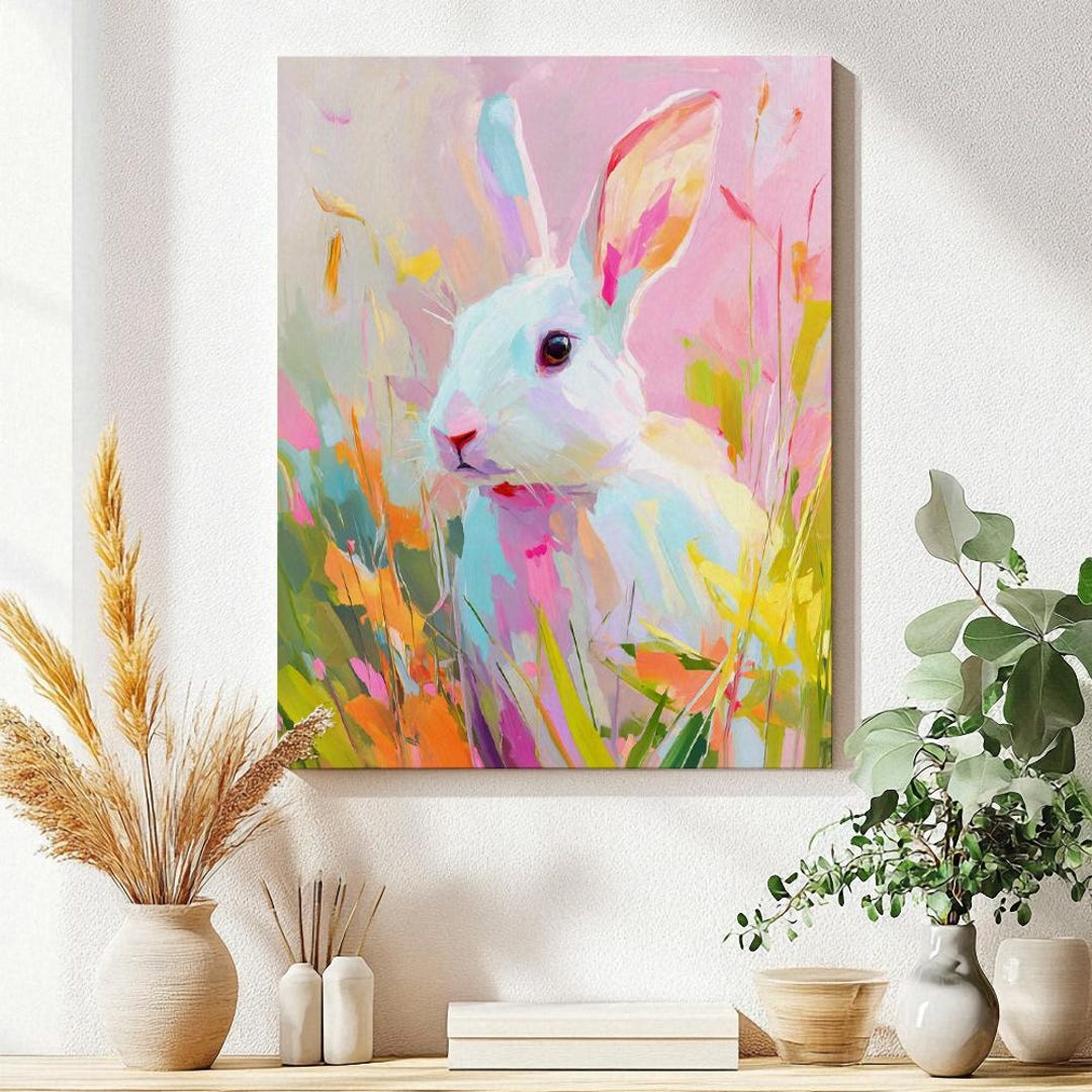 Bunny Art Canvas Colorful Rabbit Wall Decor Spring Home Decoration Cute ...