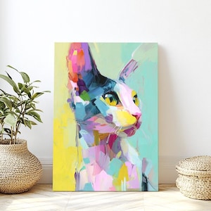 Colorful Cat Canvas Art Print, Colorful Wall Decor, Cat Lover Gift, Animal Artwork, Modern Abstract Home Decor